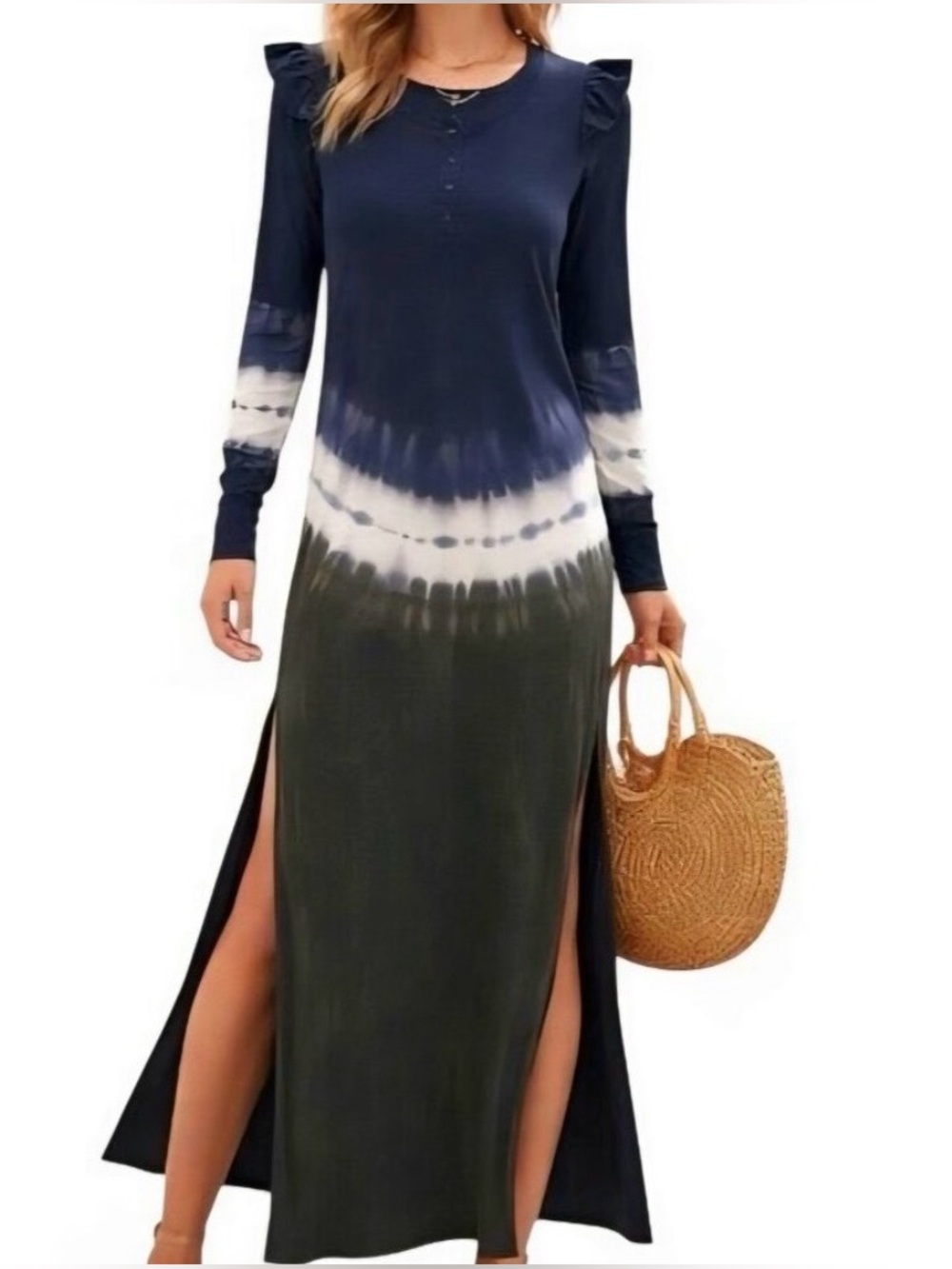 Z Supply Navy, White & Olive Tie-Dye Long Sleeve Maxi Dress with Side Slits M